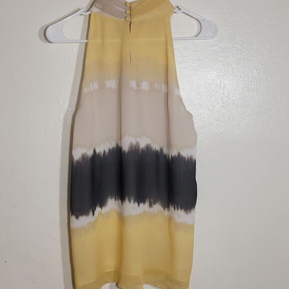 Style & Co Yellow Brown High Neck Blouse Bow Tie Front sz 12 GUC - Picture 6 of 7